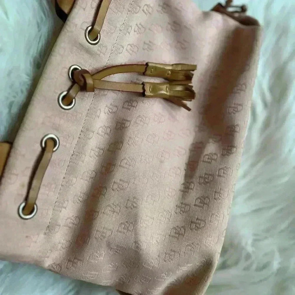 Vintage Dooney & Bourke Signature Monogram Tote Bag Pink Canvas Leather Handles - Picture 11 of 16
